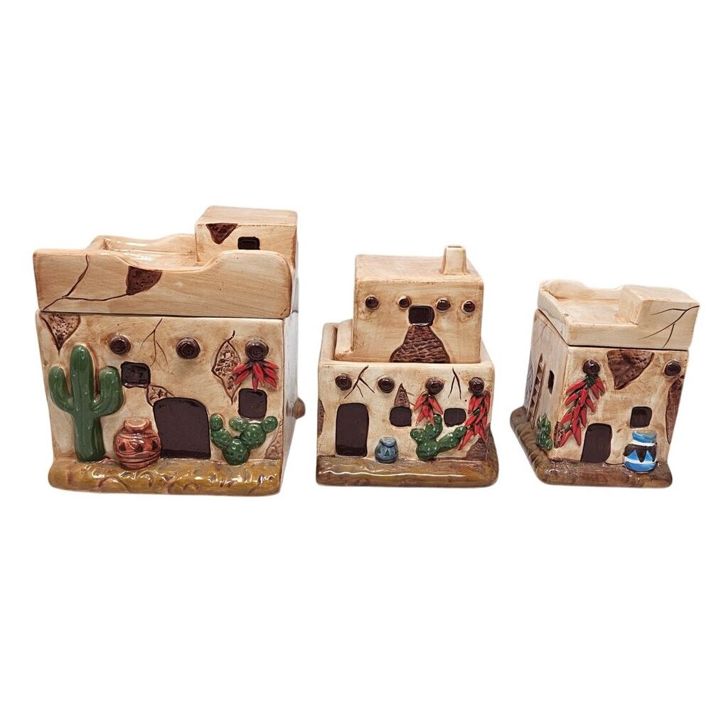 Vintage Y2K 3 Ceramic Pueblo Southwestern Kitchen Canisters Kitsch Boho Western